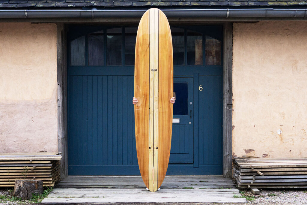 Otter Wooden Surfboard Workshop Hugo Wicket Longboard Blue Doors Bottom